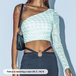 Princess Polly Reed Green One-Shoulder Checkered Top Size 4 NWT